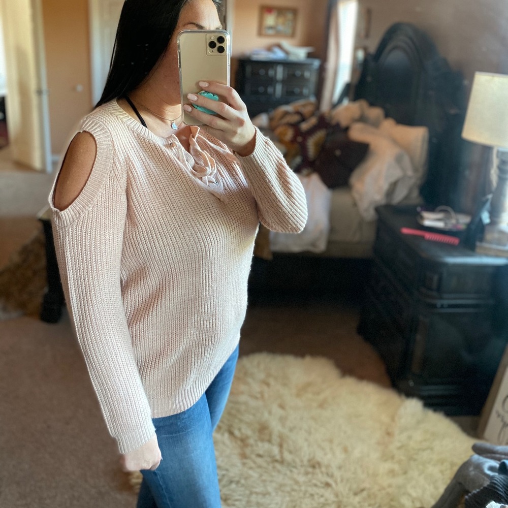 Cute and cozy baby pink cold shoulder sweater
